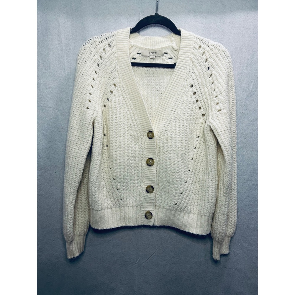 LOFT Cream White Chunky Pointelle Knit V-Neck Button Front Cardigan Sweater M